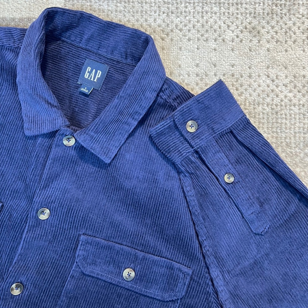 Gap Mens Corduroy Button Down Shirt Large Navy Blue Long Sleeve‎ Workwear Cotton